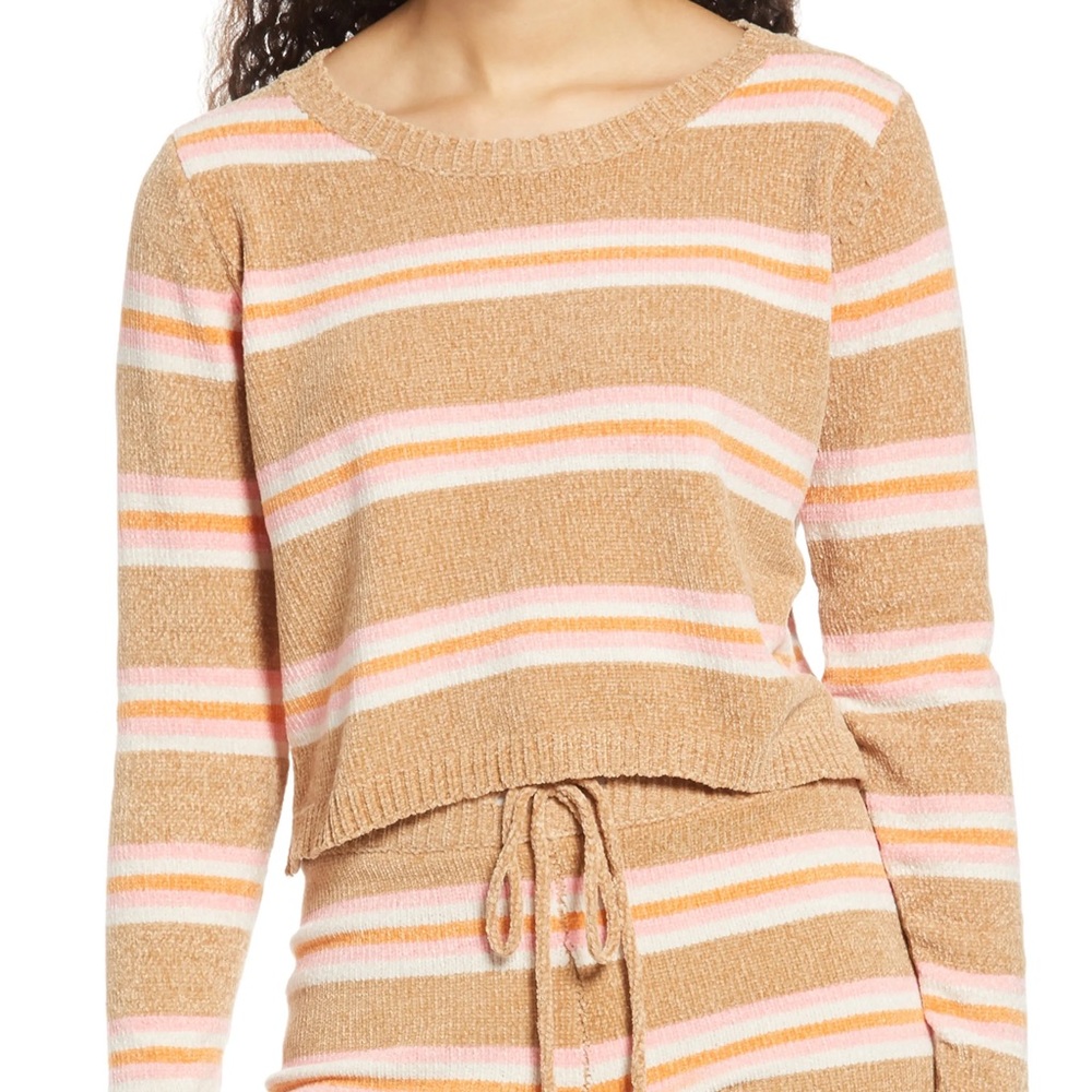 NWT All in Favor Chenille Cropped Sweater in Taupe/Pink Stripe